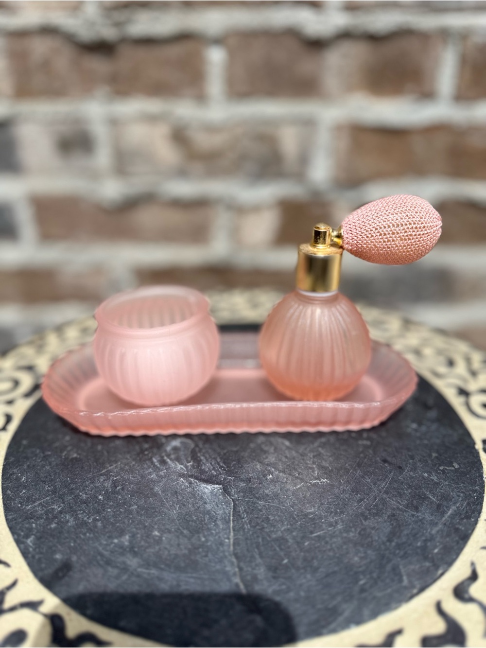 Pink/ peach frosted Glass Bath Vanity Set with Atomizer vintage